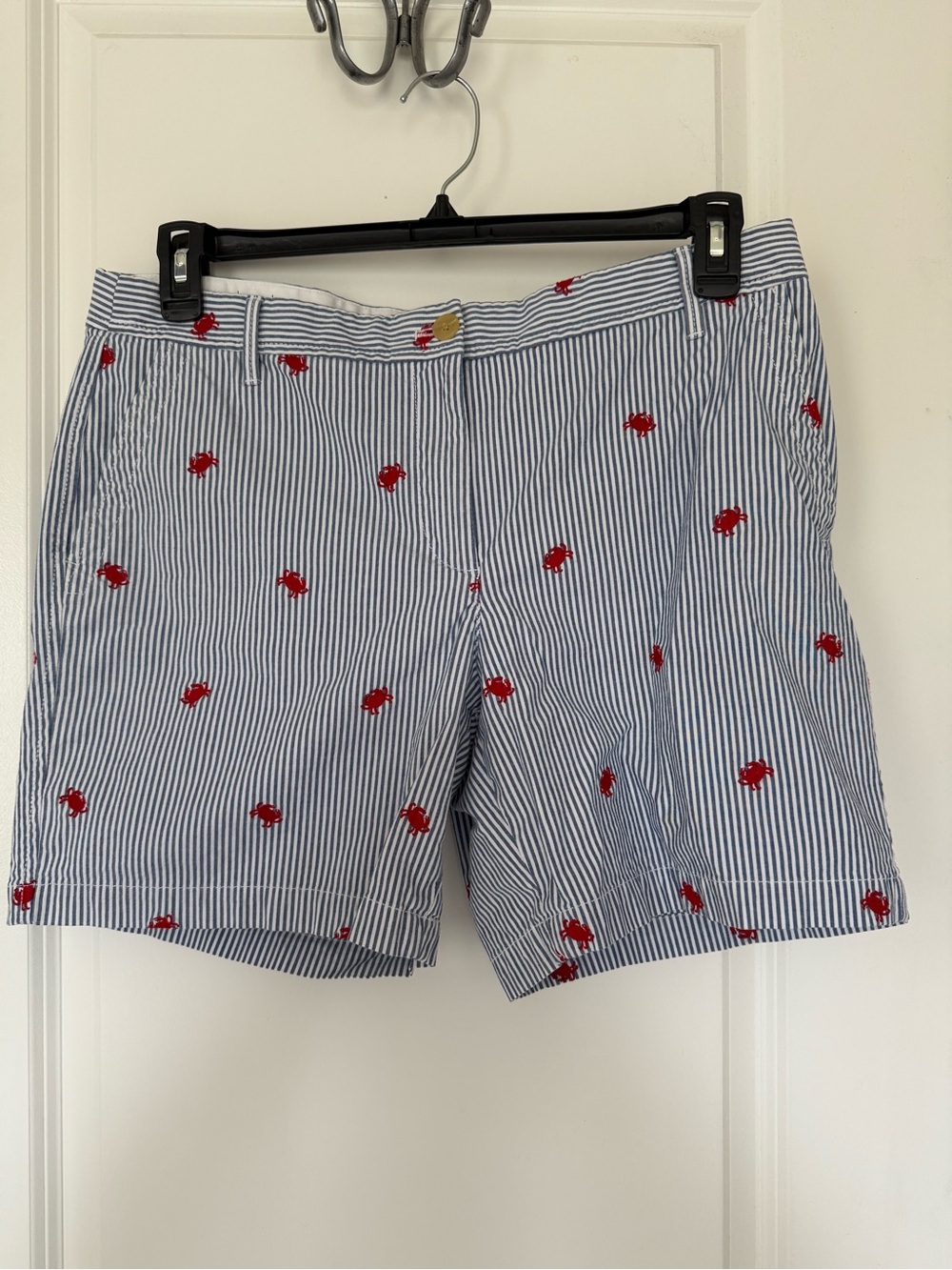 Talbots Blue and White Striped Shorts with Red Crab Embroidery